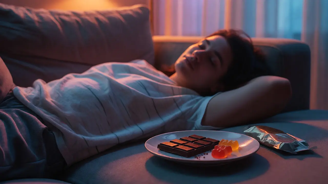 Relaxovaná osoba na gauči s talířem čokolády a gummies