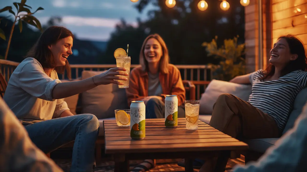 Skupina přátel relaxující na terase s bezalkoholickými CBD nápoji místo alkoholu.