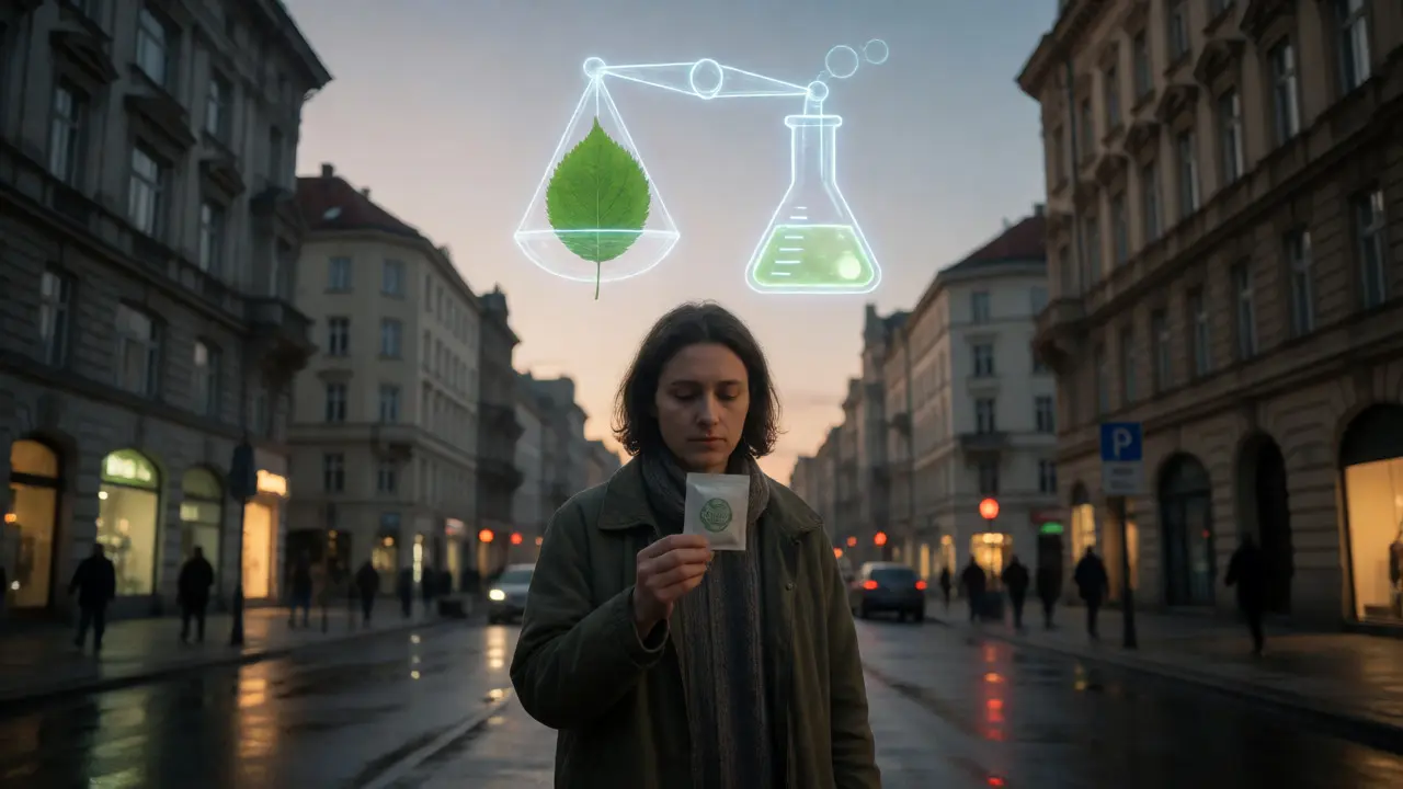 Zamyslený člověk na ulici zvažující nákup CBD produktu za soumraku.