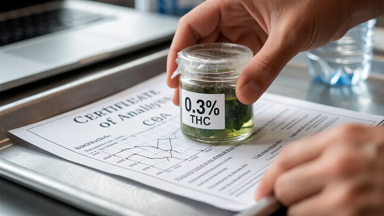 Detailní záběr na láhev CBD oleje a certifikát analýzy na bezpečnostním páse.