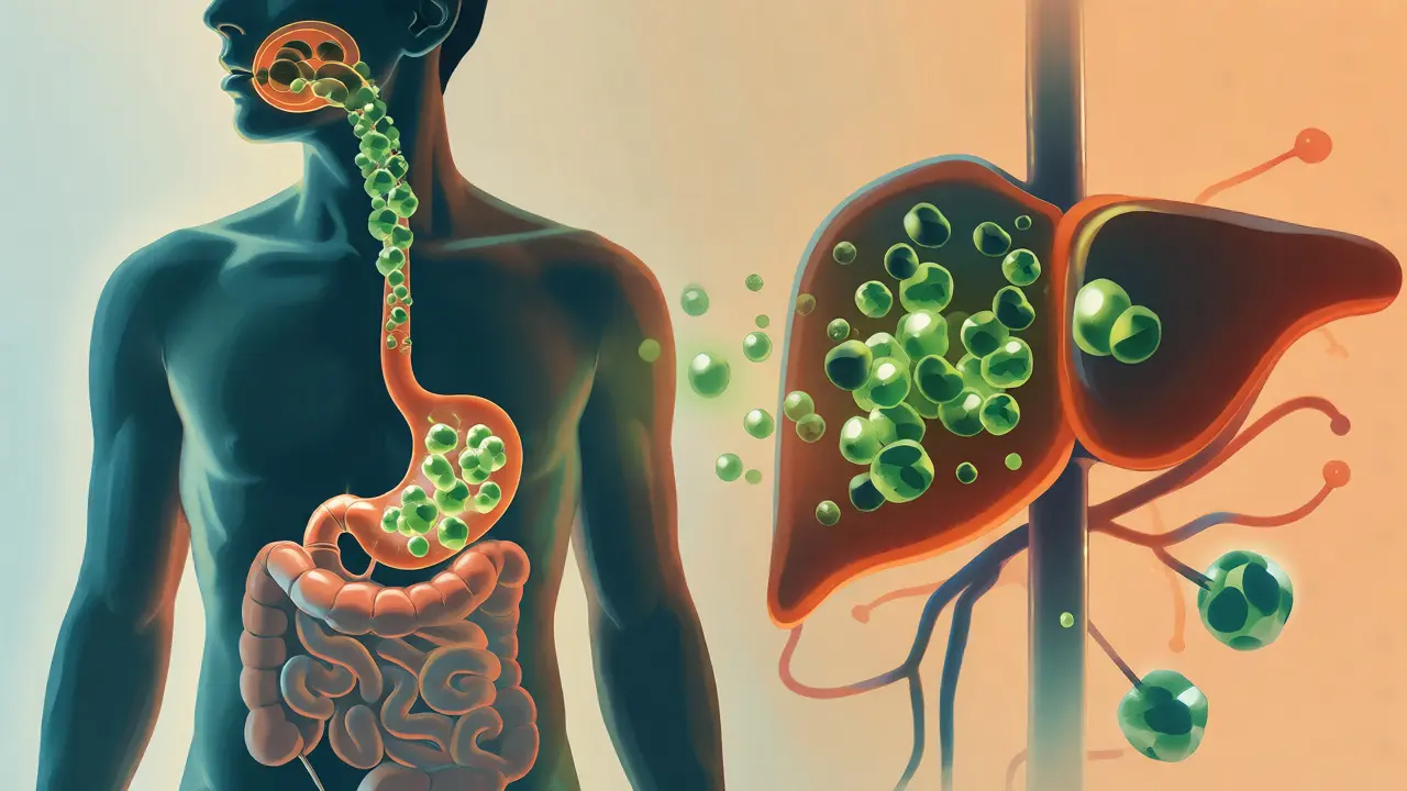 Ilustrace trávení CBD gummies a jejich cesty tělem k játrům.