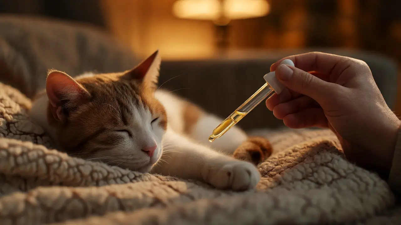 Klidná kočka spící vedle ruky držící pipetu s CBD olejem