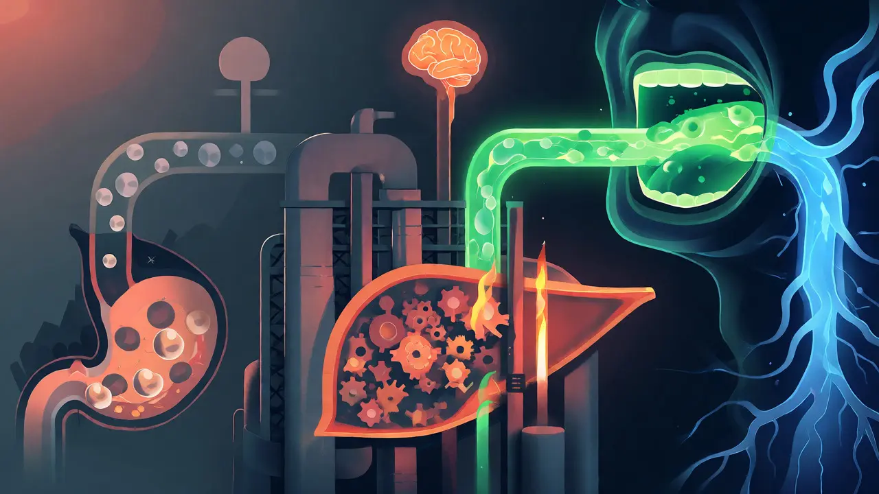 Konceptuální ilustrace porovnávající přímou absorpci přes sliznici s cestou přes játra.