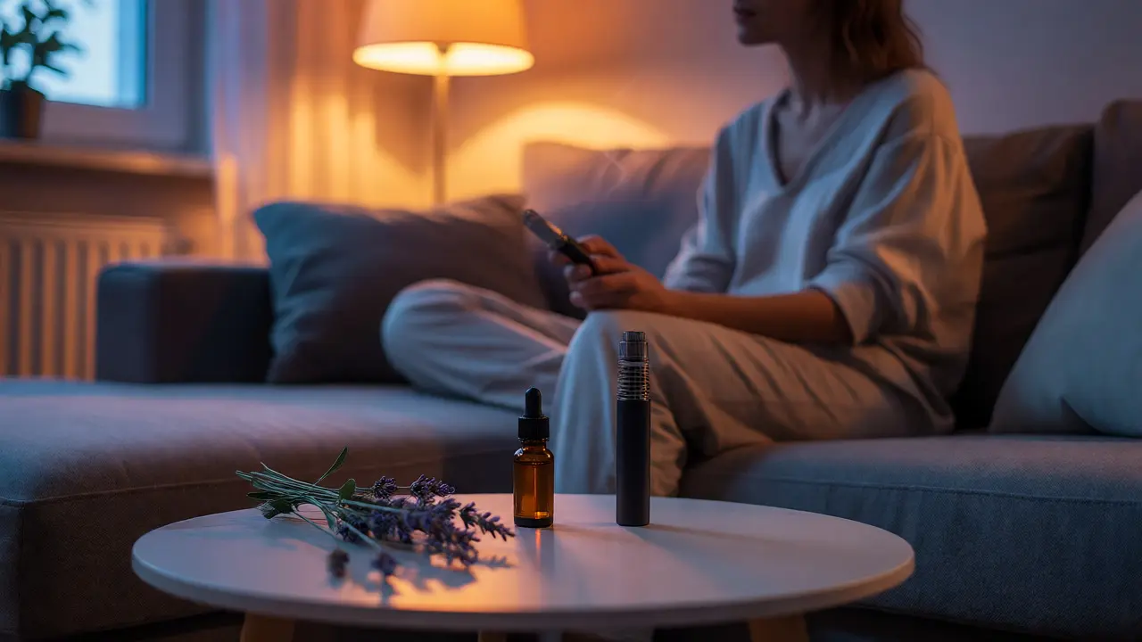 Osoba v pohodlném křesle používá vaporizér místo kouření pro relaxaci večer.