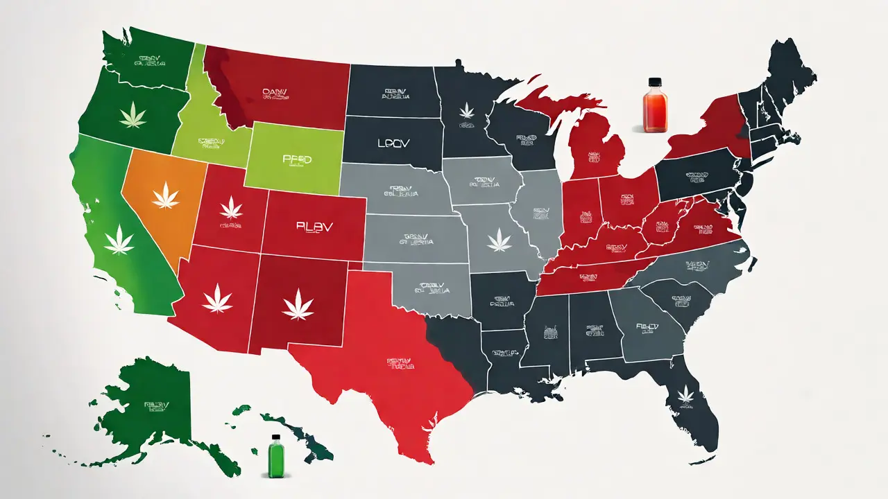 Stylová mapa USA s barevně odlišenými zónami legálnosti CBD