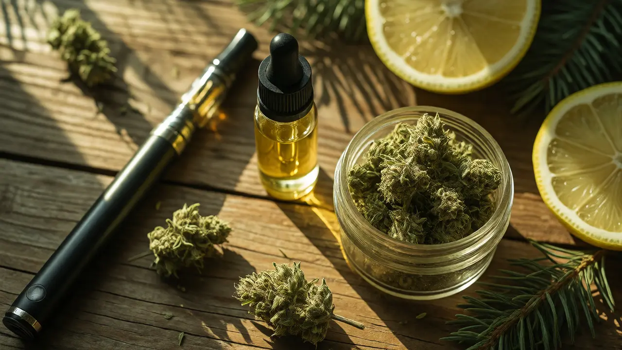 Vape pero, olej a konopné květy na dřevěném stole s přírodními prvky
