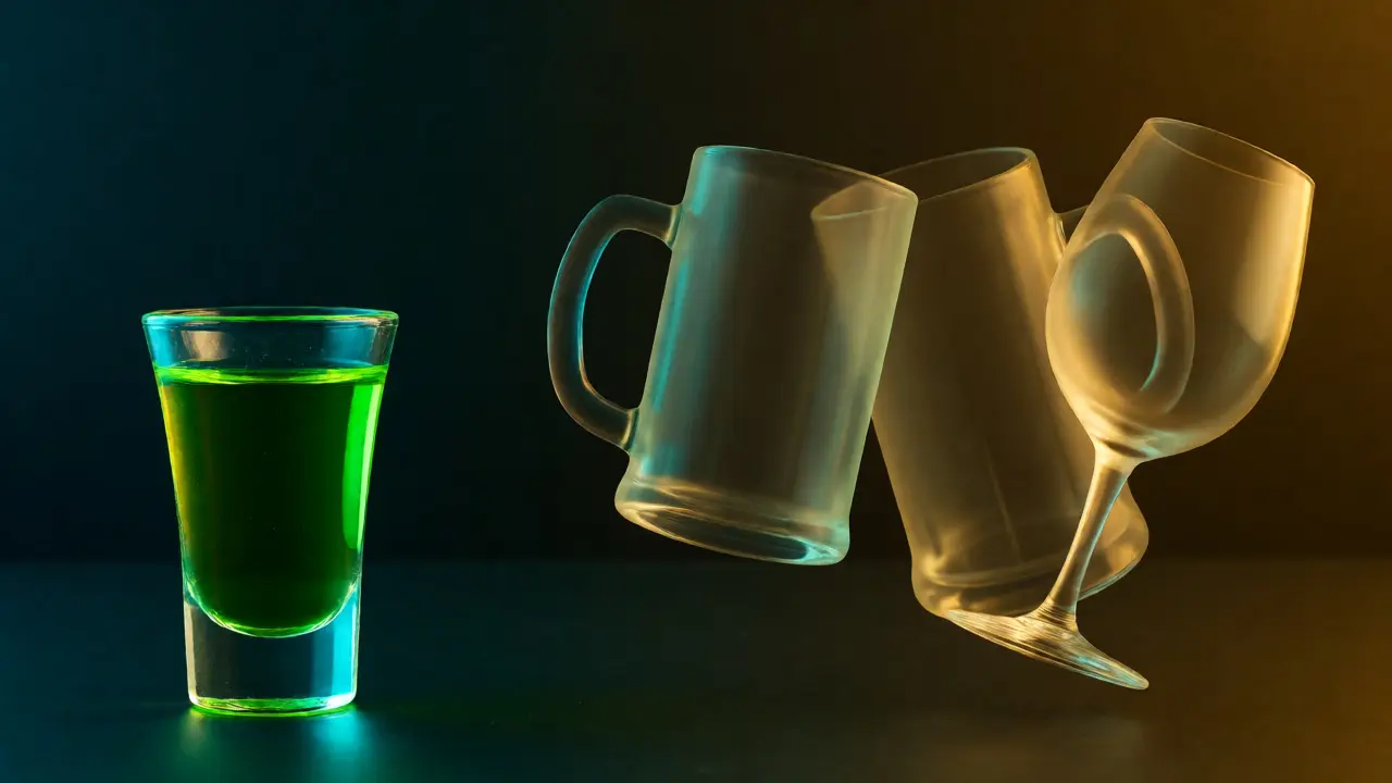 Vizuální porovnání jednoho shotu absintu s pivem a vínem